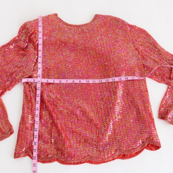Lord &Taylor Red Sequin Long Sleeve 100% Silk Shirt with Shoulder Pads Small - Picture 4 of 10